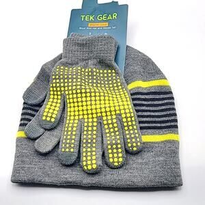Tek Gear Boys' Winter Knit Hat & Gloves Set Gray Yellow Striped Grip Dots NWT